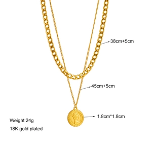 Double-layered 18K gold plated coin pendant necklace with Cuban chain and sizing details