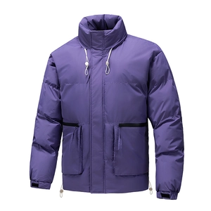 Purple waterproof stand collar padded jacket with large pockets and white drawstrings