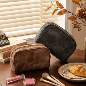Dual-layer denim texture corduroy makeup bag with large capacity in brown and grey
