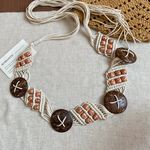 Bohemian cream woven waist chain with orange ethnic wood beads and coconut shell buckles