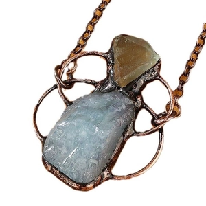 Vintage handmade geometric pendant necklace with aquamarine and green fluorite raw stones