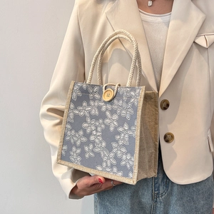 Floral Embroidery Handbags Jacquard Fabric Rope Handle Wood Button Small Tote Bag For Women Casual Lunch Bag