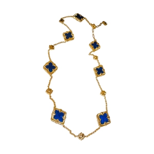 Elegant gold plated clover necklace with blue enamel pendants on a delicate chain