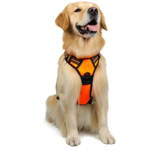 Adjustable orange nylon dog harness with breathable mesh and reflective strips for large dogs