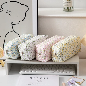 Floral Quilted Pencil Case Large Capacity Portable Polyester Zipper Storage Bag Stationery Pouch For School Office