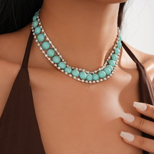 Detail of bohemian layered necklace featuring turquoise beads and shimmering rhinestones