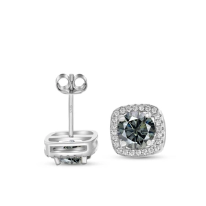 Detail of S925 silver stud earring with grey moissanite stone and square halo setting