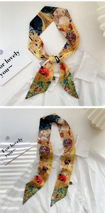 Artistic oil painting silk scarf styled on a white shirt neck with classic pattern
