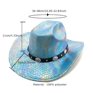 Colorful snake-patterned cowboy hat with sizing details and metal stud decorations