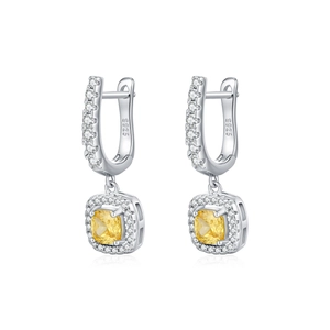 S925 sterling silver drop earrings with square yellow gemstone and halo crystal pave