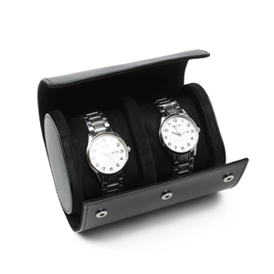 Premium black leather double watch travel roll case with two men's stainless steel watches