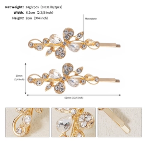 Detail showing two gold alloy hairpins with rhinestones and precise size measurements