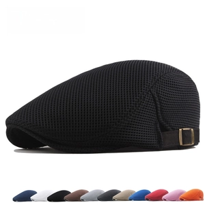 Detail of breathable mesh newsboy cap with adjustable metal side buckle for summer