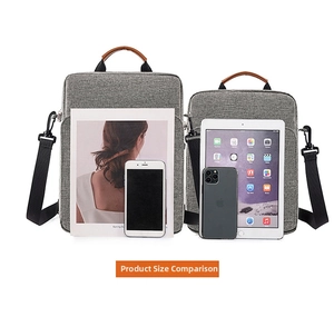 Comparison of grey Oxford fabric laptop bags in two sizes with tablet and accessories