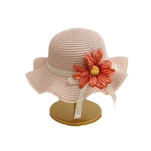 Chapeau de paille rose pour femmes et filles avec grande fleur orange et dentelle