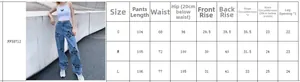 Detailed size chart for women's printed straight jeans with waist and hip measurements