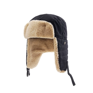 Winter thermal trapper hat in black with beige fleece lining and ear flaps for wind protection