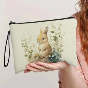 Easter Bunny Linen Cosmetic Makeup Bag Zippered Organizer With Wrist Strap Portable Toiletry Pouch Stationery Case