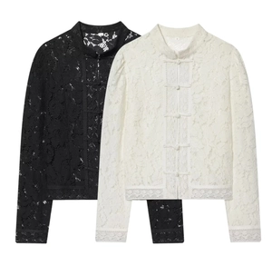 Detailed view of traditional frog button closure and lace texture on a stand collar shirt