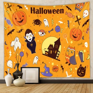 Detail of vibrant orange Halloween tapestry featuring pumpkin, ghost, and bat wall decor