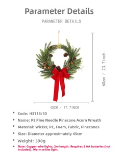 Detailed dimensions of 45cm Christmas wreath with PE needles, pine cones and warm lights