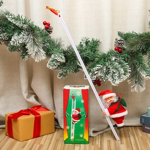 Electric climbing Santa Claus on white ladder with festive gift box and Christmas decor