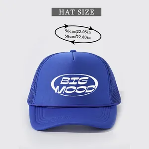 Size guide for blue BIG MOOD trucker hat showing head circumference from 56 to 58 cm