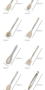 Detailed view of 8-piece silicone cooking set showing specific tool dimensions and sizes
