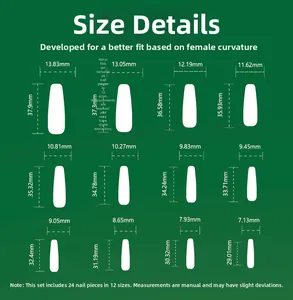 Detailed size chart for 24pcs long coffin press on nails with 12 specific dimensions