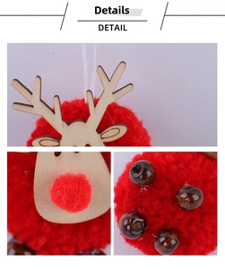 Detail view of red pompom Christmas deer ornament with wooden antlers and beads