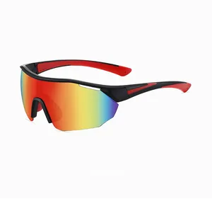 Close-up of polarized sports sunglasses with colorful gradient lens and matte black frame