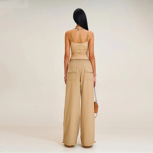 Back view of khaki wide-leg cargo pants with adjustable drawstring waist and relaxed fit