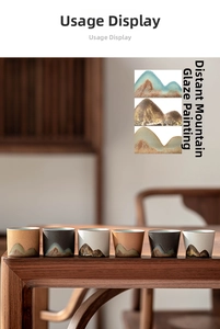 Detailed row of six Japanese-style ceramic tea cups with matte mountain landscape glaze