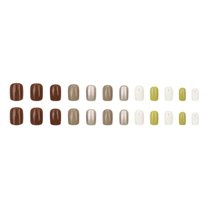 Short square round press-on nails in deep brown, champagne and avocado green colors