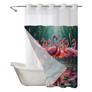 Waterproof waffle shower curtain with pink flamingo print and metal grommets on white tub