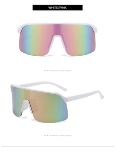 Front and side macro views of white lightweight cycling sunglasses with pink mirror lenses