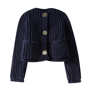 Cardigan En Grosse Maille Pour Femmes Col Rond Boutonné Manches Longues Pull Décontracté Avec Poches Bleu Marine