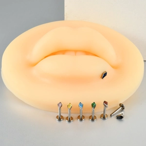 G23 titanium labret piercing with multi-color marquise cut cubic zirconia gemstones