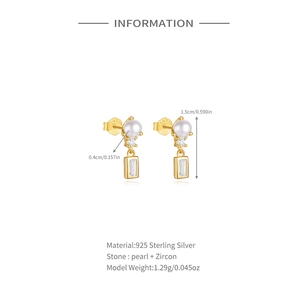 Detail view of S925 silver pearl earrings with size specs and zircon stone measurements