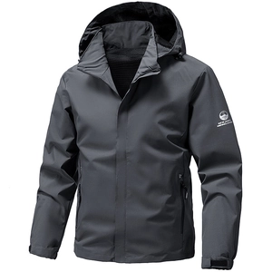 Men's dark grey hooded outdoor jacket with windproof fabric and adjustable cuffs