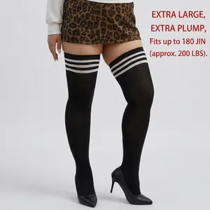 Plus size black over-the-knee socks with white stripes featuring high elastic fabric