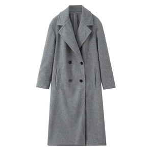 Detail of grey double-breasted coat featuring classic lapels and four black round buttons