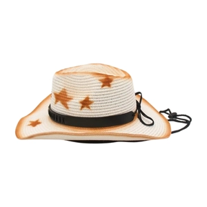 Detail of western straw hat featuring star patterns and black leather band with stitching