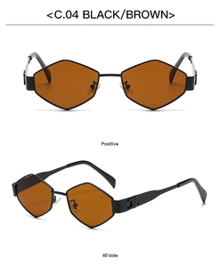 Detail view of hexagonal black sunglasses with brown lenses and metal hinge accent
