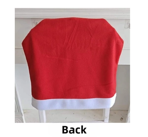 Rear view detail of a red and white velvet Santa hat chair cover for Christmas decor