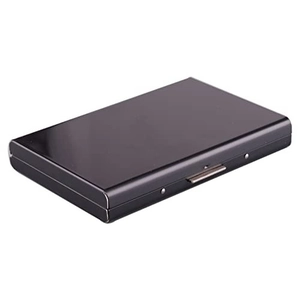 Close-up of black metallic business card case with secure side press-lock mechanism