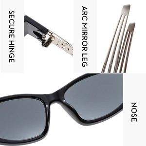 Detail view of secure metal hinges, ergonomic arc legs and smooth nose pads of Y2K sunglasses