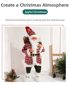 Close-up of Santa figurine with red jacquard knit coat holding wooden skis and berries