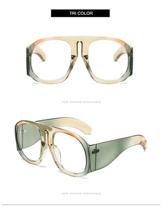 Detailed views of tri-color gradient oversized frames with wide translucent temples