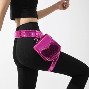 Metallic pink PU leather mini waist bag with adjustable leg strap for fashion and sports